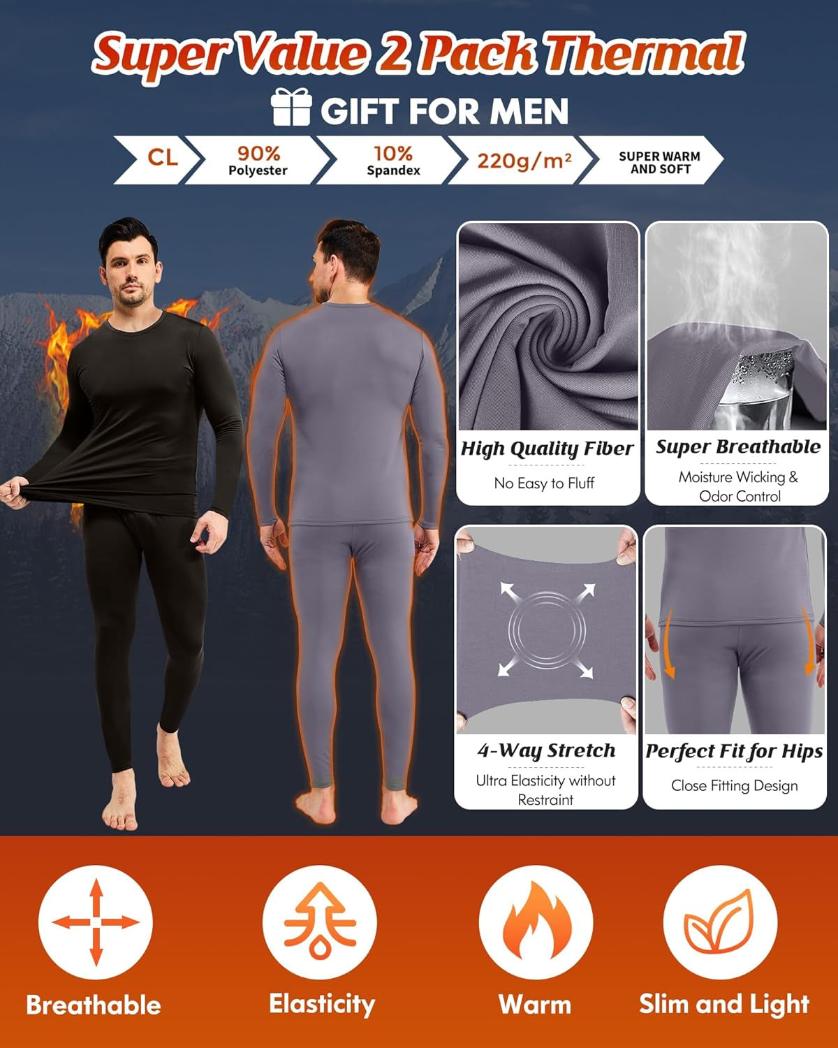 2 Pack Long Johns Thermal Underwear for Men Soft Fleece Lined Base Layer Cold Weather Set XS-4XL