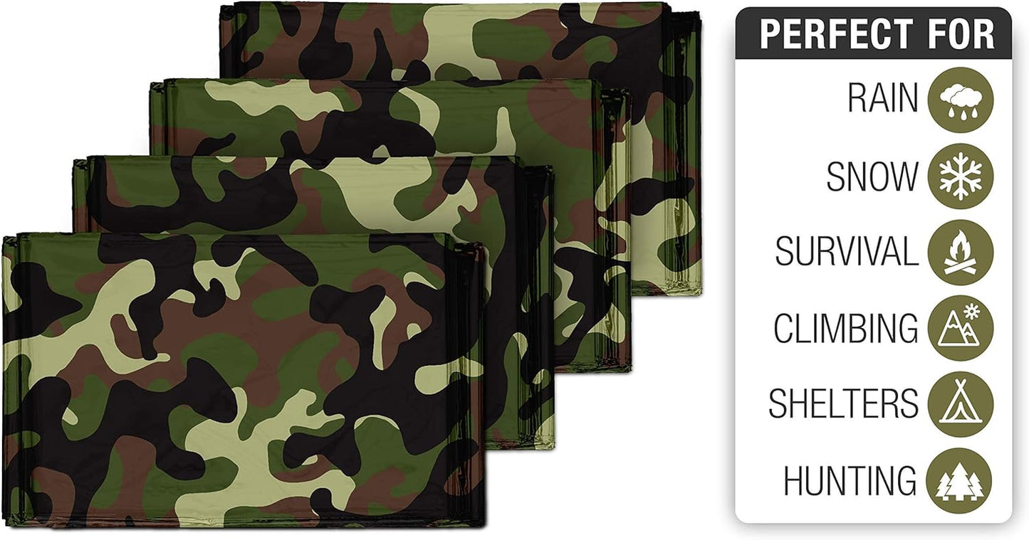 4 Pack Mylar Emergency Blankets for Survival - Compact & Insulated for Cold Weather - Designed for NASA, Outdoor, Running, Camping, Survival, First Aid Car Kit - Woodland Camo, 4 Pack