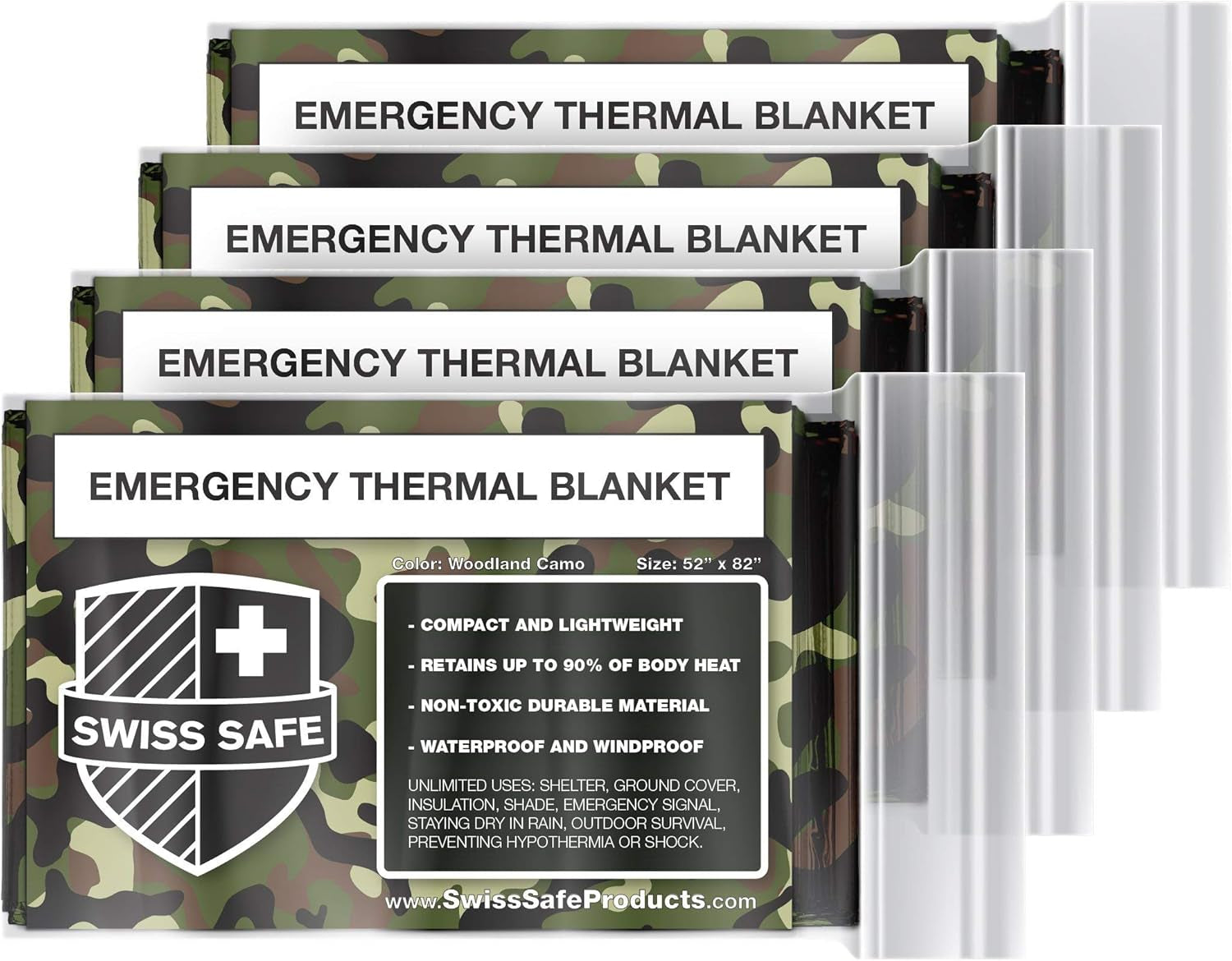 4 Pack Mylar Emergency Blankets for Survival - Compact & Insulated for Cold Weather - Designed for NASA, Outdoor, Running, Camping, Survival, First Aid Car Kit - Woodland Camo, 4 Pack